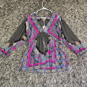 Rose + Olive Womens Sz S Boho Paisley Mixed Print V-Neck Tunic Blouse Gold Lurex